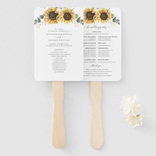 Sonnenblumen-Eukalyptus-Blätter Hochzeitsprogramm Fächer (Vorne und Hinten)