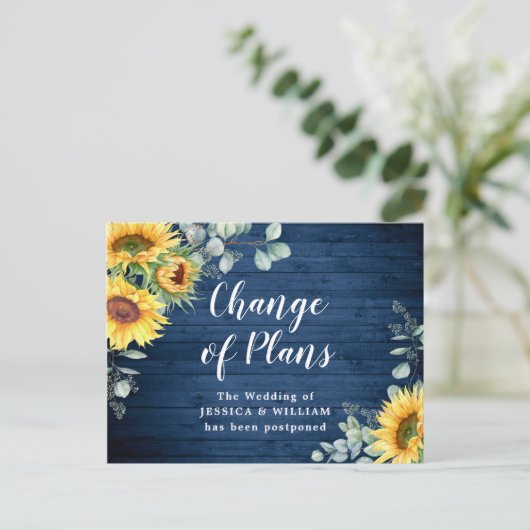 Sonnenblumen Eukalyptus Chic Hochzeitänderung Plän Postkarte (Stehend Vorderseite)