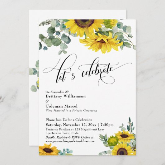 Sonnenblumen Eukalyptus Feiern wir Empfang Einladung (Vorne/Hinten)