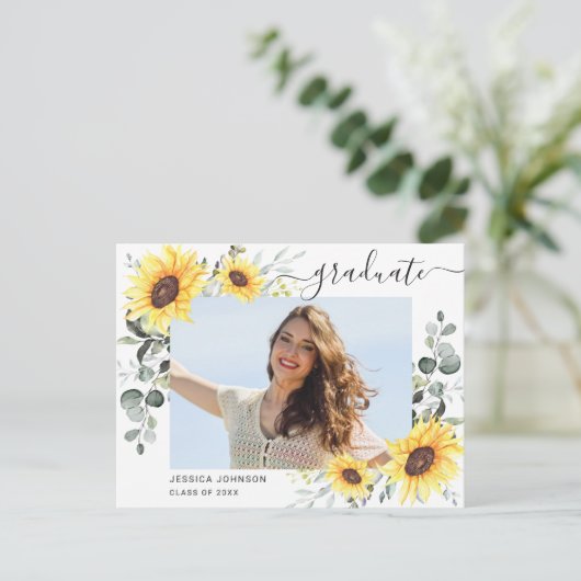 Sonnenblumen Eukalyptus FOTO Graduation Party Ankündigungspostkarte (Stehend Vorderseite)