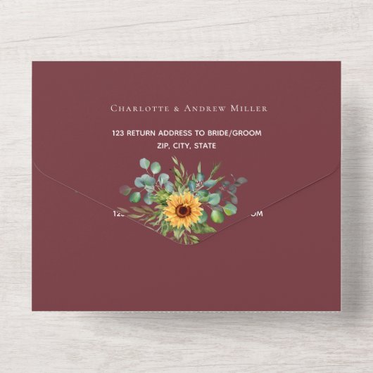 Sonnenblumen Eukalyptus Grünwein Rote Hochzeit All In One Einladung (Rückseite)