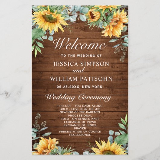 Sonnenblumen Eukalyptus Hochzeitsprogramm (Vorderseite)