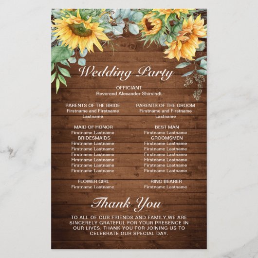 Sonnenblumen Eukalyptus Hochzeitsprogramm (Rückseite)