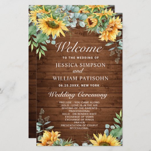 Sonnenblumen Eukalyptus Hochzeitsprogramm (Vorne/Hinten)