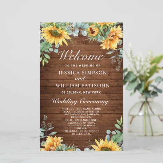 Sonnenblumen Eukalyptus Hochzeitsprogramm (Stehend Vorderseite)