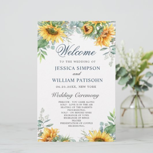 Sonnenblumen Eukalyptus Hochzeitsprogramm (Stehend Vorderseite)