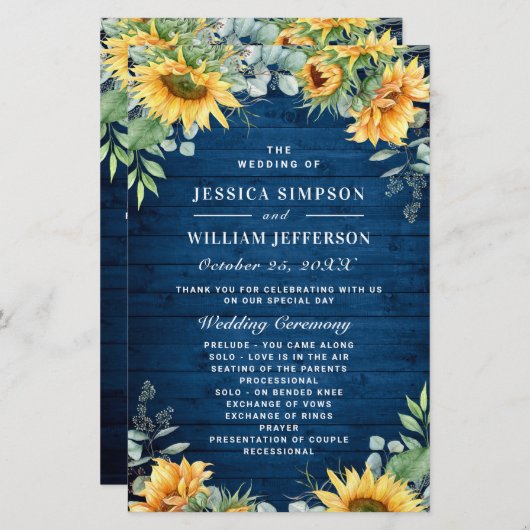 Sonnenblumen Eukalyptus Hochzeitsprogramm (Vorne/Hinten)