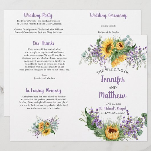 Sonnenblumen, Eukalyptus, Lavendel-Hochzeitsprogra (Vorne/Hinten)