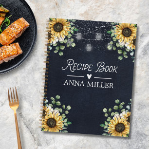 Sonnenblumen-Eukalyptus-Licht-schwarzes Rezeptbuch Notizblock