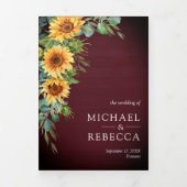 Sonnenblumen Eukalyptus QR Code Burgundy Wedding Dreifach Gefaltete Einladung (Cover)