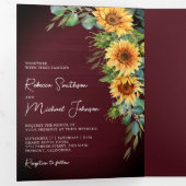 Sonnenblumen Eukalyptus QR Code Burgundy Wedding Dreifach Gefaltete Einladung (Innen Erste Seite)