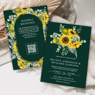 Sonnenblumen Eukalyptus QR Code Smaragd-Hochzeit Einladung