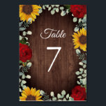 Sonnenblumen Eukalyptus-Rote Rosen Hochzeit Holz Tischnummer<br><div class="desc">Dieses Hochzeitsdesign besticht durch hübsch gestrichene rote Rosen, Sonnenblumen und Eukalyptuszweige auf einem rustikalen, dunklen Holzboden. Variationen dieses Designs, verschiedene Papiertypen sowie koordinierende Produkte sind in unserem Shop unter zazzle.com/store/doodlelulu erhältlich. Kontaktieren Sie uns, wenn Sie dieses Design für ein bestimmtes Produkt verwenden möchten, um Ihr eigenes, einzigartiges Passwort zu erstellen!...</div>