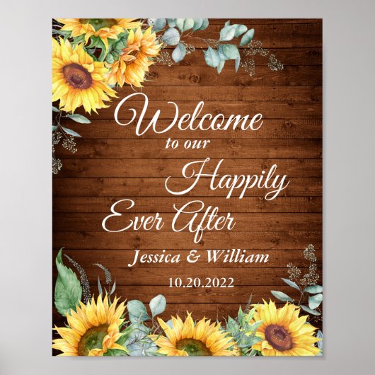 Sonnenblumen Eukalyptus Rustikale Hochzeitsbegrüßu Poster (Vorne)