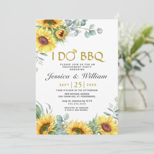 Sonnenblumen Eukalyptus Rustische Engagement Parte Einladung (Stehend Vorderseite)