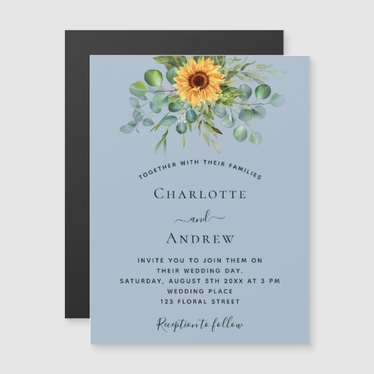 Sonnenblumen Eukalyptus staubige blaue Luxushochze Magneteinladung (Vorne/Hinten)