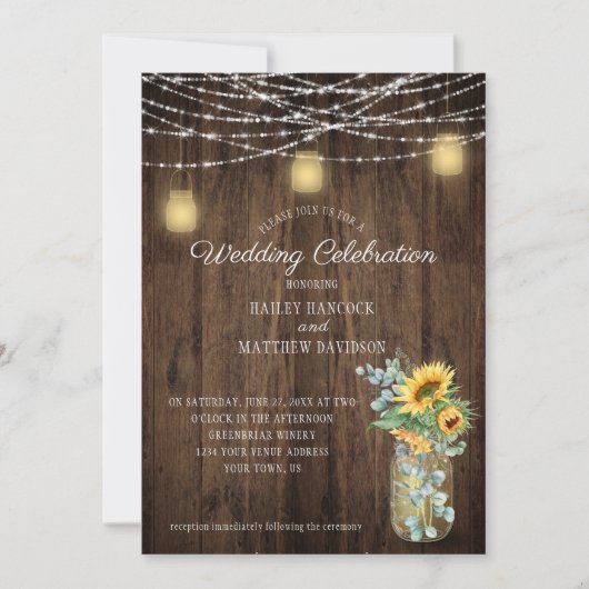Sonnenblumen Eukalyptus String Lights Mason Jars Einladung (Vorderseite)