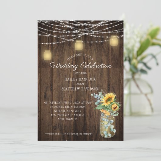 Sonnenblumen Eukalyptus String Lights Mason Jars Einladung (Stehend Vorderseite)