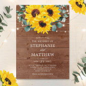 Sonnenblumen Eukalyptus String Lights Wood Wedding Einladung