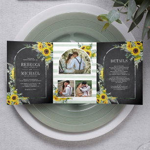 Sonnenblumen Eukalyptus Tor Kreidetafel Hochzeit Dreifach Gefaltete Einladung