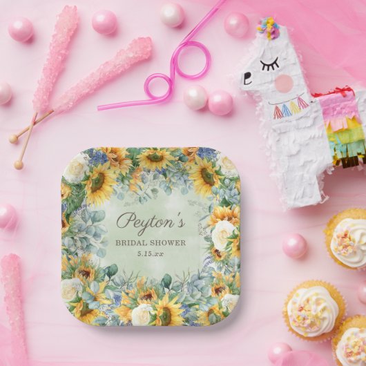 Sonnenblumen Eukalyptus Verlasse Brautparty Square Pappteller (Party)