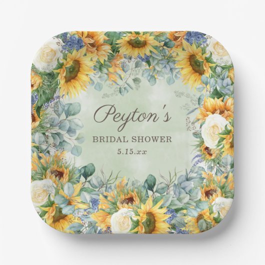 Sonnenblumen Eukalyptus Verlasse Brautparty Square Pappteller (Vorderseite)