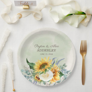 Sonnenblumen Eukalyptusblätter Hochzeitsempfang Pappteller