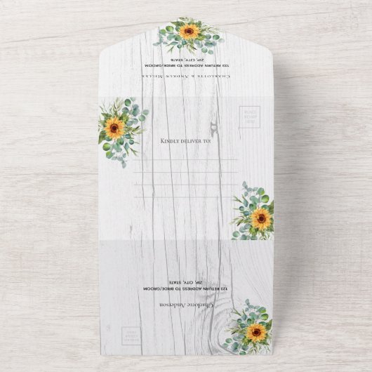 Sonnenblumen Eukalyptusgrün Weißholz Hochzeit All In One Einladung (Außenbereich)