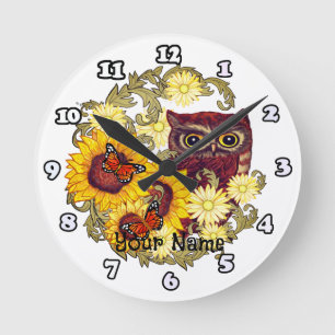 Sonnenblumen-Eule Runde Wanduhr