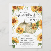 Sonnenblumen Fall Pumpkins Twins 1. Geburtstag Einladung (Vorderseite)
