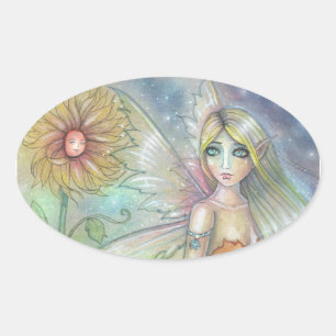 Sonnenblumen-Feen-Fantasie-Kunstaufkleber Ovaler Aufkleber