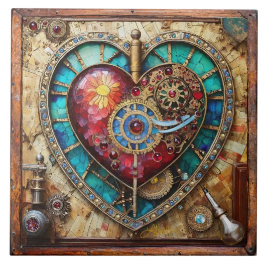 Sonnenblumen Festglass Herz Steampunk Serie Fliese (Vorderseite)