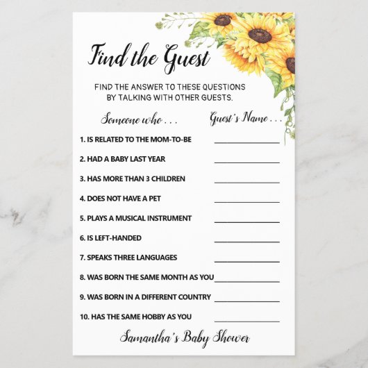 Sonnenblumen Finden Sie die Baby Shower Game Card Flyer (Vorne)