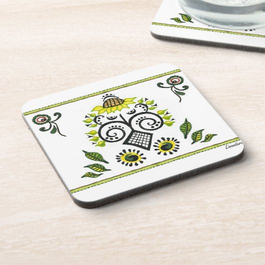 Sonnenblumen Folk Pattern von Alexandra Cook Getränkeuntersetzer (Linke Seite)