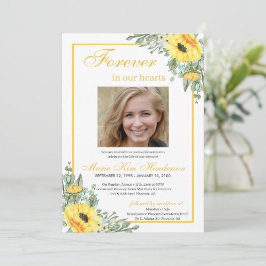 Sonnenblumen Forellen in unserem Herz Beerdigung F Einladung (Stehend Vorderseite)
