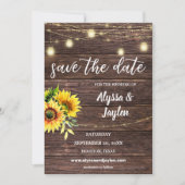 Sonnenblumen Foto & Holz & Licht Save the Date Einladung (Vorderseite)