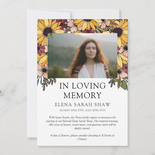 Sonnenblumen Foto in der Ankündigung des Gedächtni (Vorderseite)