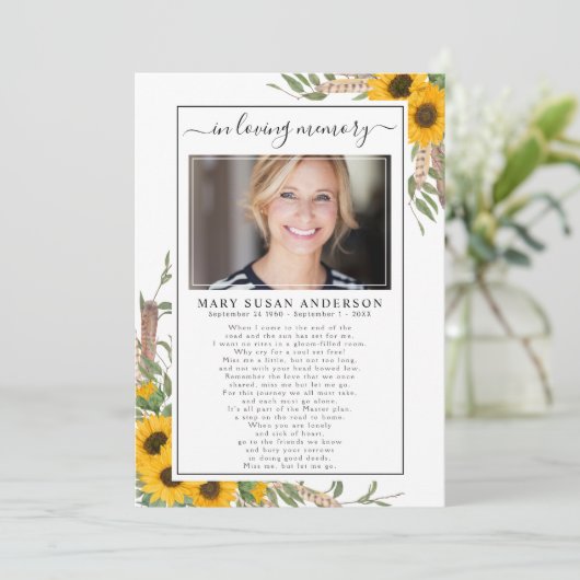 Sonnenblumen Foto in Love Memory Beerdigung Gedich Ankündigung (Stehend Vorderseite)