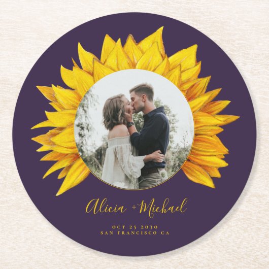 Sonnenblumen Foto rustikale Hochzeit speichern Sie Runder Pappuntersetzer (Vorderseite)