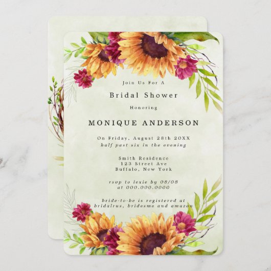 Sonnenblumen Frühlingsrosa Brautparty Einladung (Vorne/Hinten)