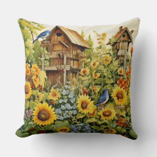 Sonnenblumen Garten Vogelhäuser Blaue Vögel Kissen