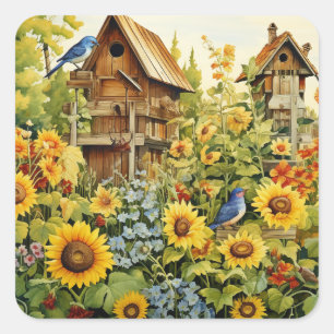 Sonnenblumen Garten Vogelhäuser Blaue Vögel Quadratischer Aufkleber
