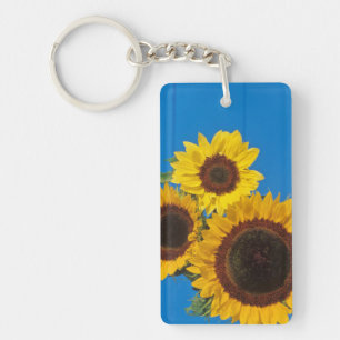 Sonnenblumen gegen blauen Zaun Schlüsselanhänger