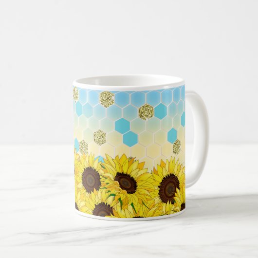 Sonnenblumen gegen farbenprächtiges, hexagonales M Kaffeetasse (VorderseiteRechts)