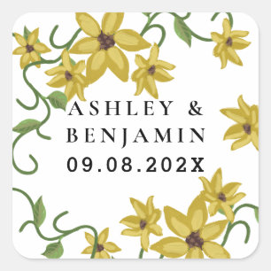 Sonnenblumen Gelb Blumen Botanisch Handgezeichnet  Quadratischer Aufkleber