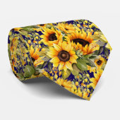 Sonnenblumen Gelb und Navy Blue Floral Neck Tie Krawatte (Gerollt)