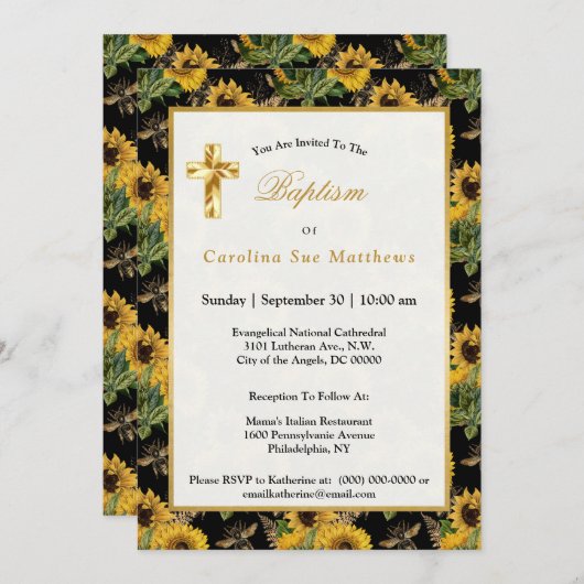 Sonnenblumen Gelbe Schwarze Bienen Bouquet Taufe Einladung (Vorne/Hinten)