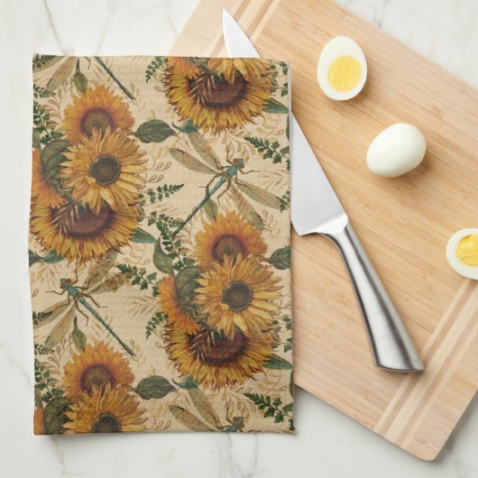 Sonnenblumen Gelbe Tan Dragonflies Blume Geschirrtuch (Viertel Falte)