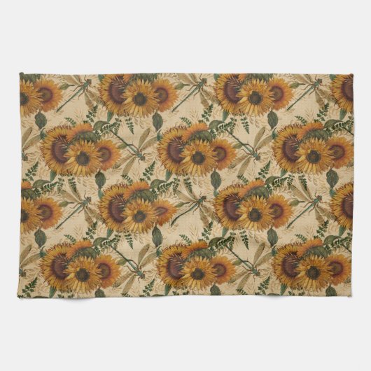 Sonnenblumen Gelbe Tan Dragonflies Blume Geschirrtuch (Horizontal)
