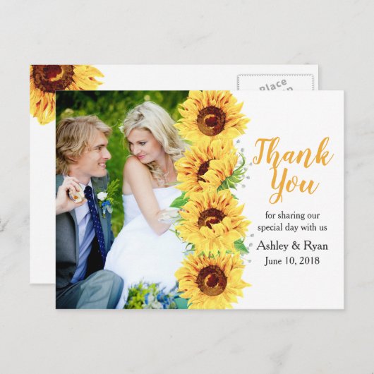 Sonnenblumen Gelbes Foto Hochzeit Vielen Dank Postkarte (Vorne/Hinten)
